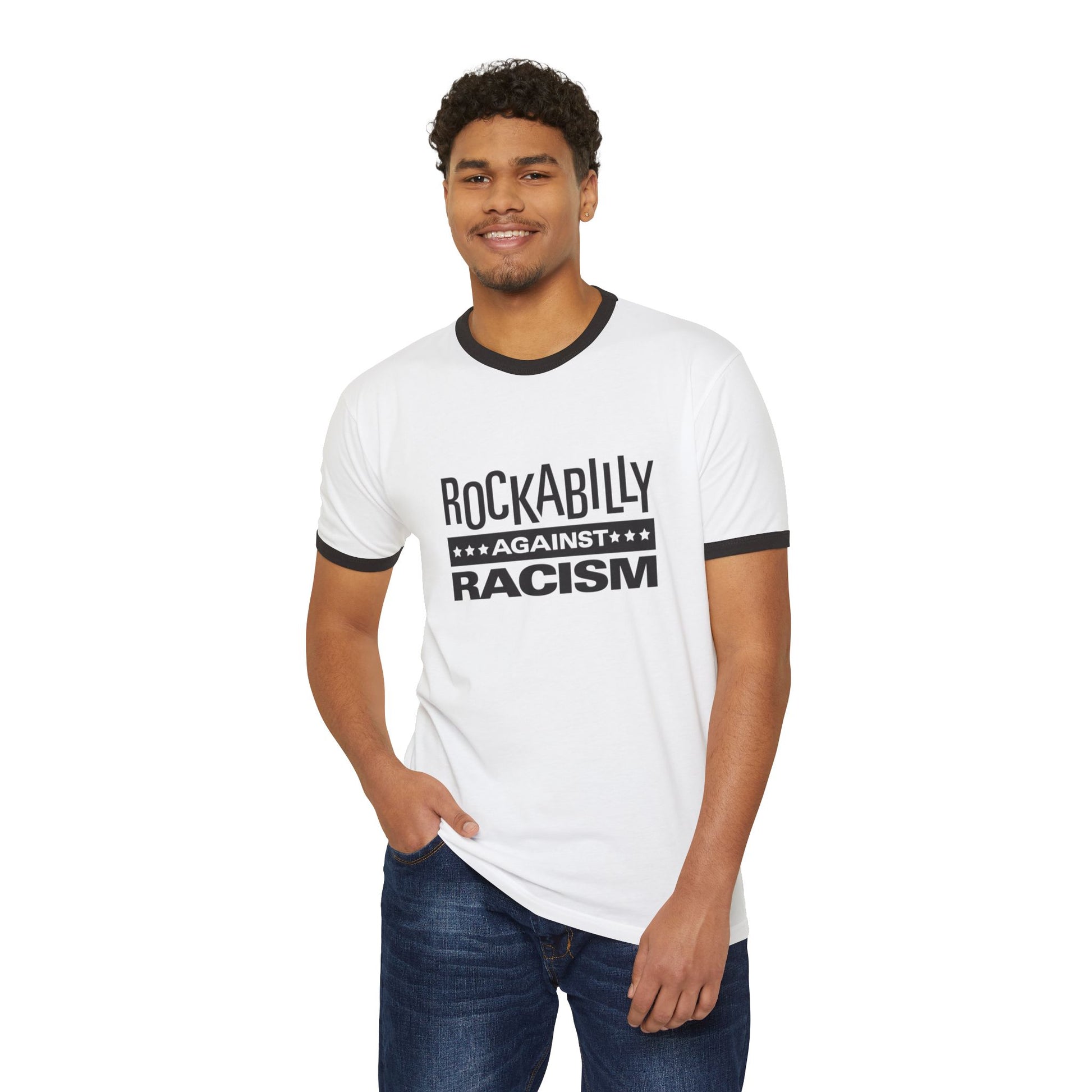 Rockabilly Against Racism Unisex Cotton Ringer T-Shirt, Vintage Music Tee, Statement Shirt, Social Justice Apparel, Gift for Activists